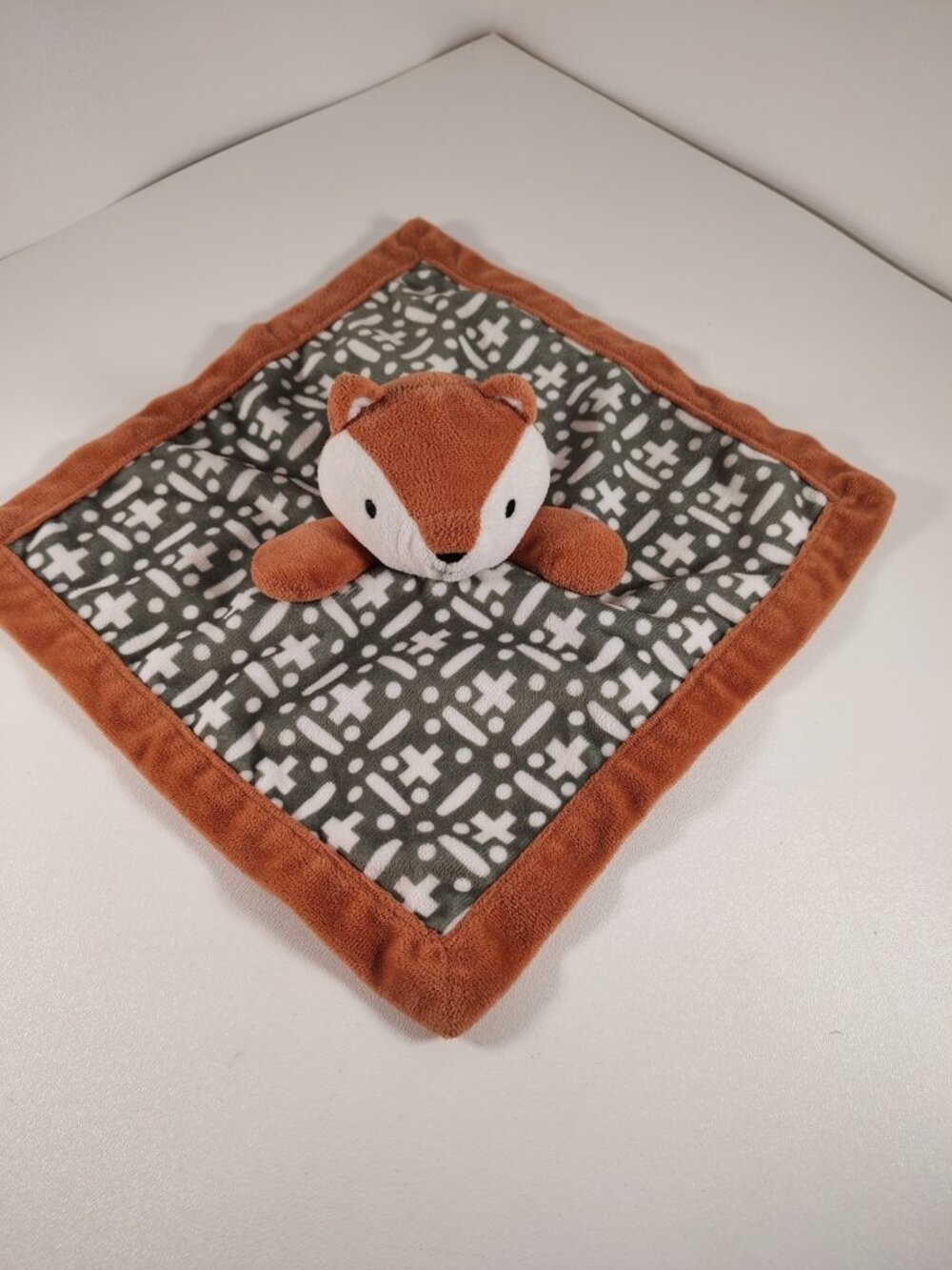 Levtex Orange Fox Baby Lovey Security Blanket Brown Gray Plus Cross Dot White